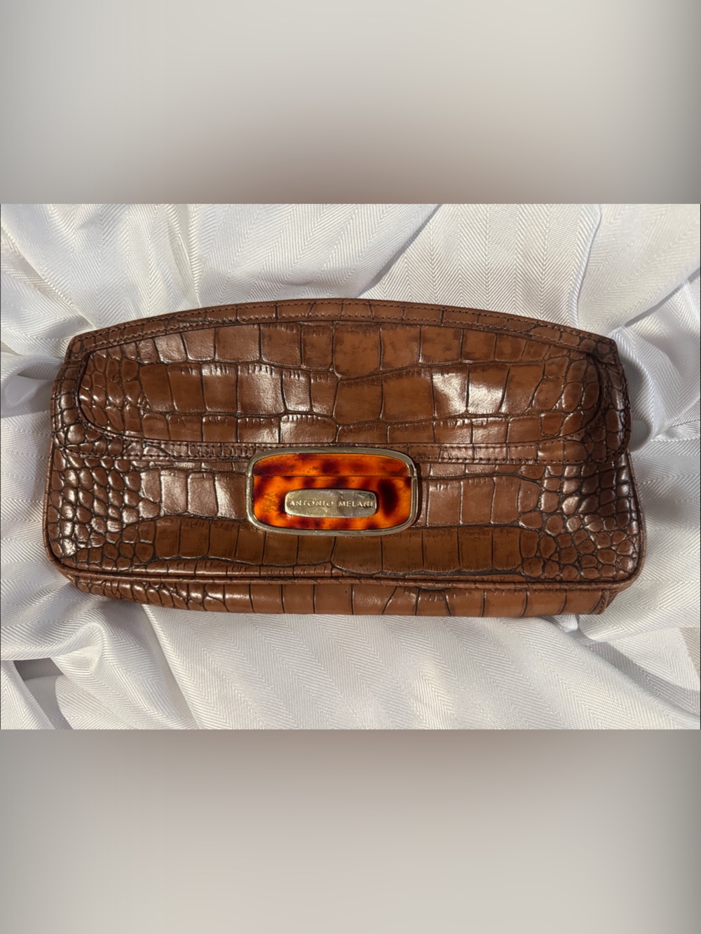 ANTONIO MELANI Brown Croc-Embossed Clutch with Tortoiseshell Accent